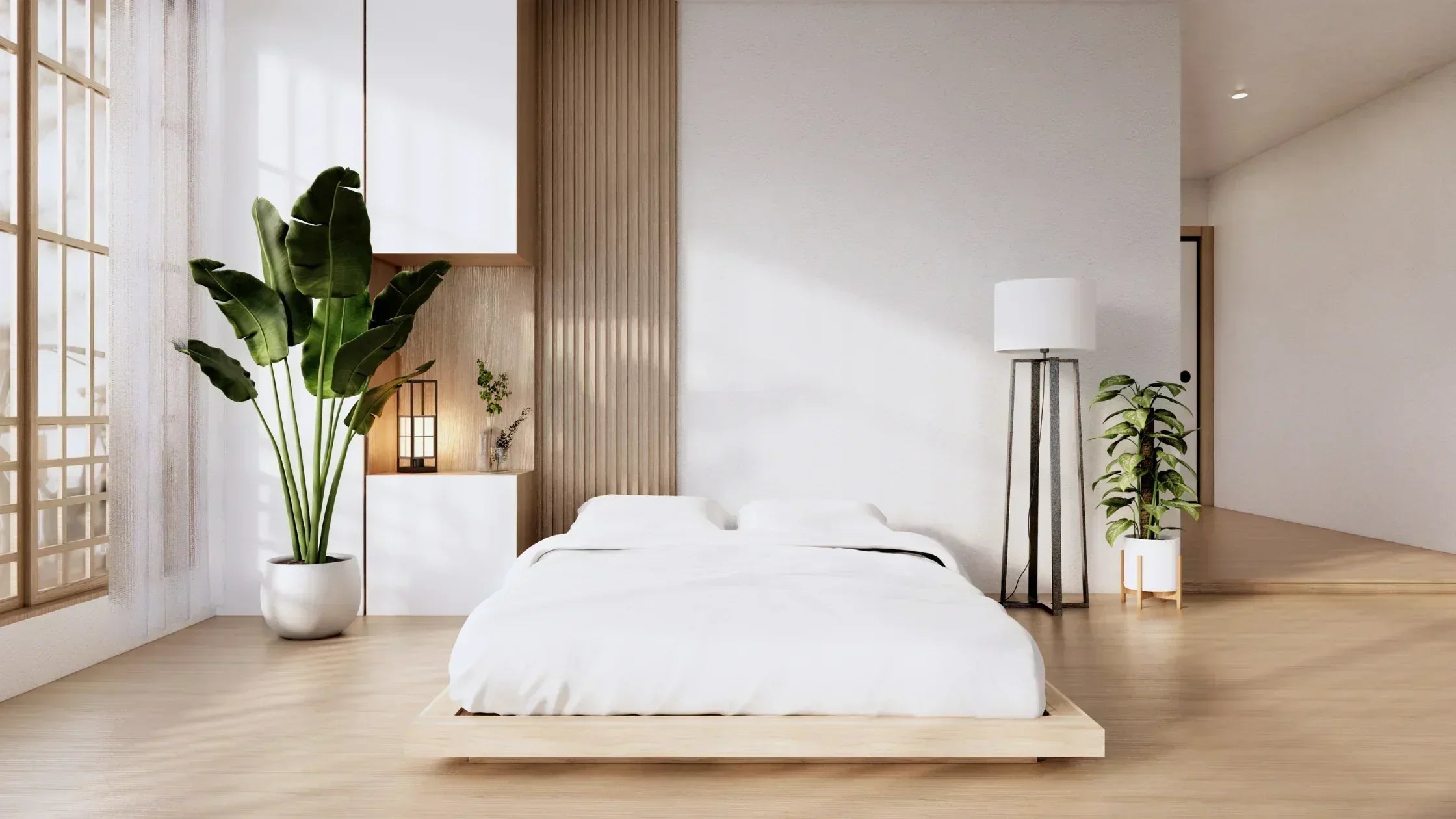 Japanese-inspired bedroom with shoji screens and natural wood accents.