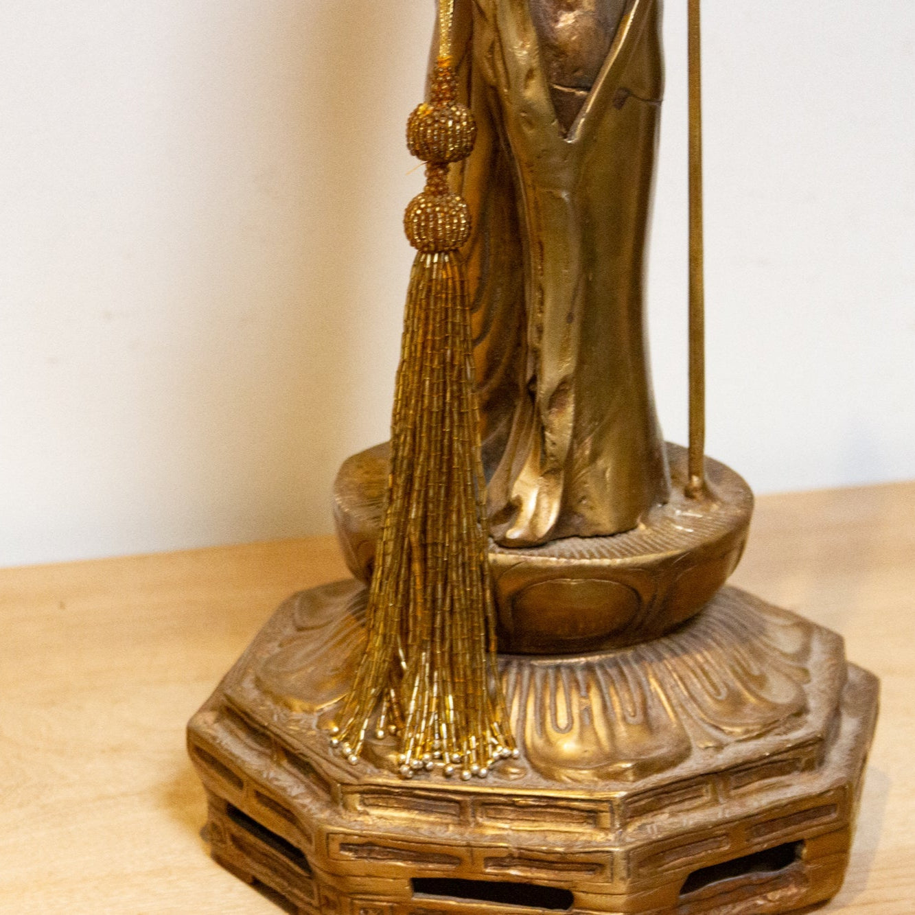 Vintage Japanese brass Buddha statue from the mid-20th century, tall Butsuzō sculpture with intricate details and serene expression.
