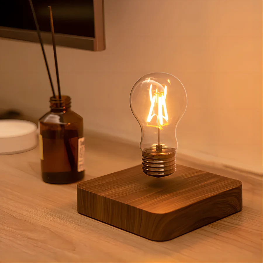 Floating Glass LED Bulb – Magnetic Levitation Lamp with Wireless Power, Japanese Minimalist Design, and Warm Ambient Lighting.