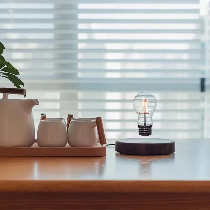 Floating Glass LED Bulb – Magnetic Levitation Lamp with Wireless Power, Japanese Minimalist Design, and Warm Ambient Lighting.