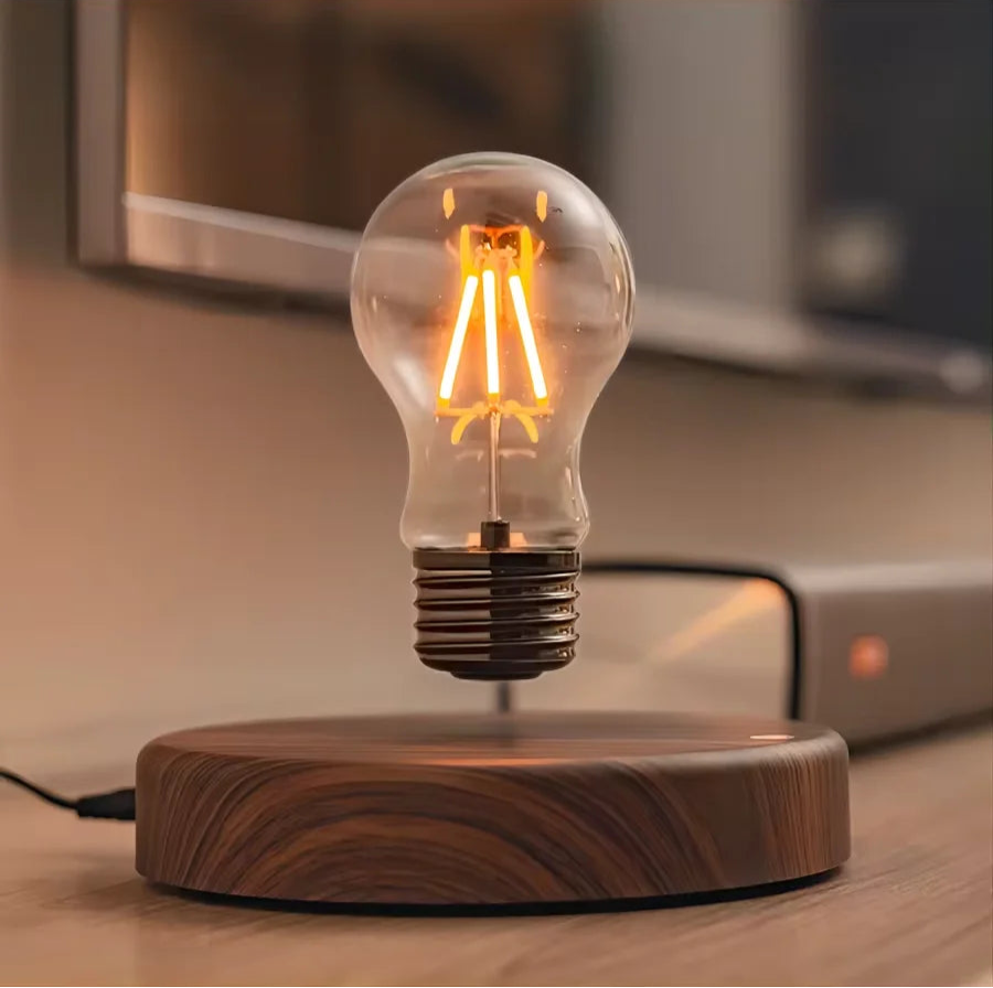 Floating Glass LED Bulb – Magnetic Levitation Lamp with Wireless Power, Japanese Minimalist Design, and Warm Ambient Lighting.
