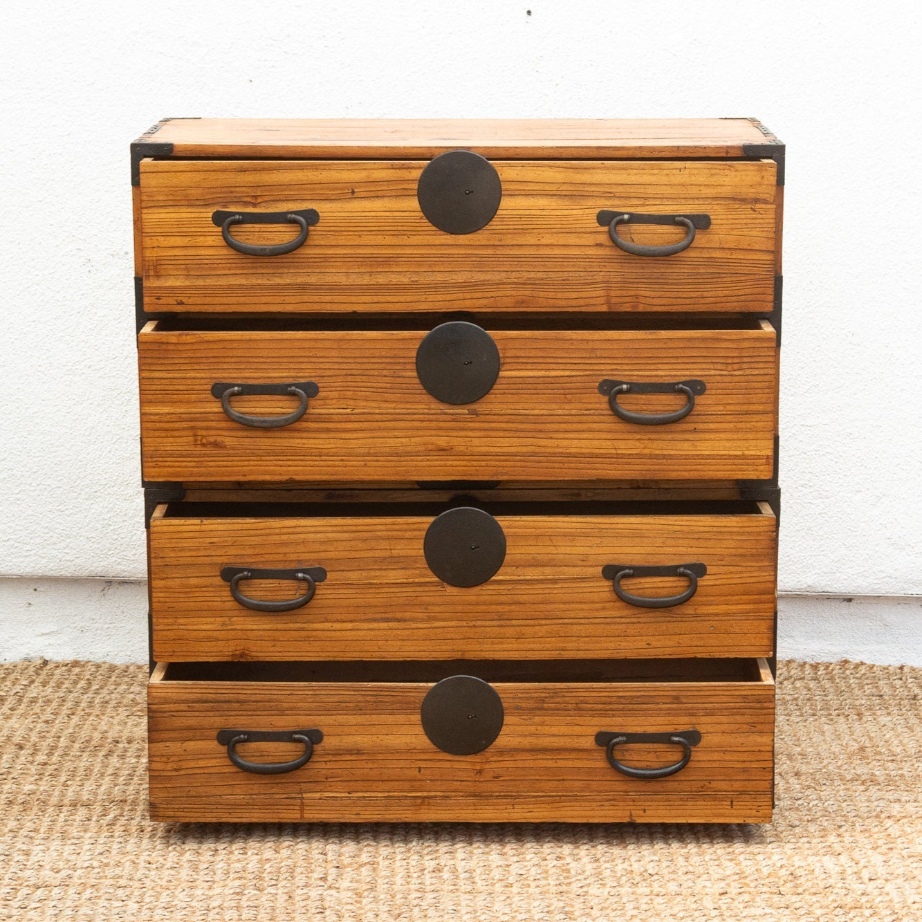 Fūga antique Japanese 2-piece tansu dresser with traditional wood joinery and iron hardware.