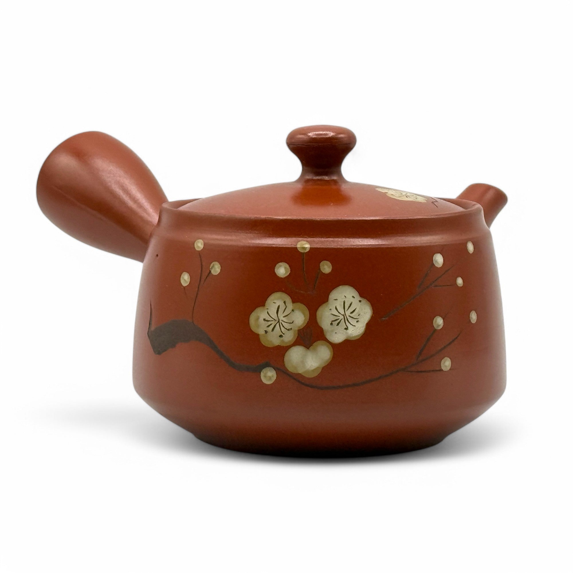 Fusensaku Hakubai White Blossom Red Tokoname-yaki Kyusu Japanese teapot for authentic loose leaf green tea brewing.