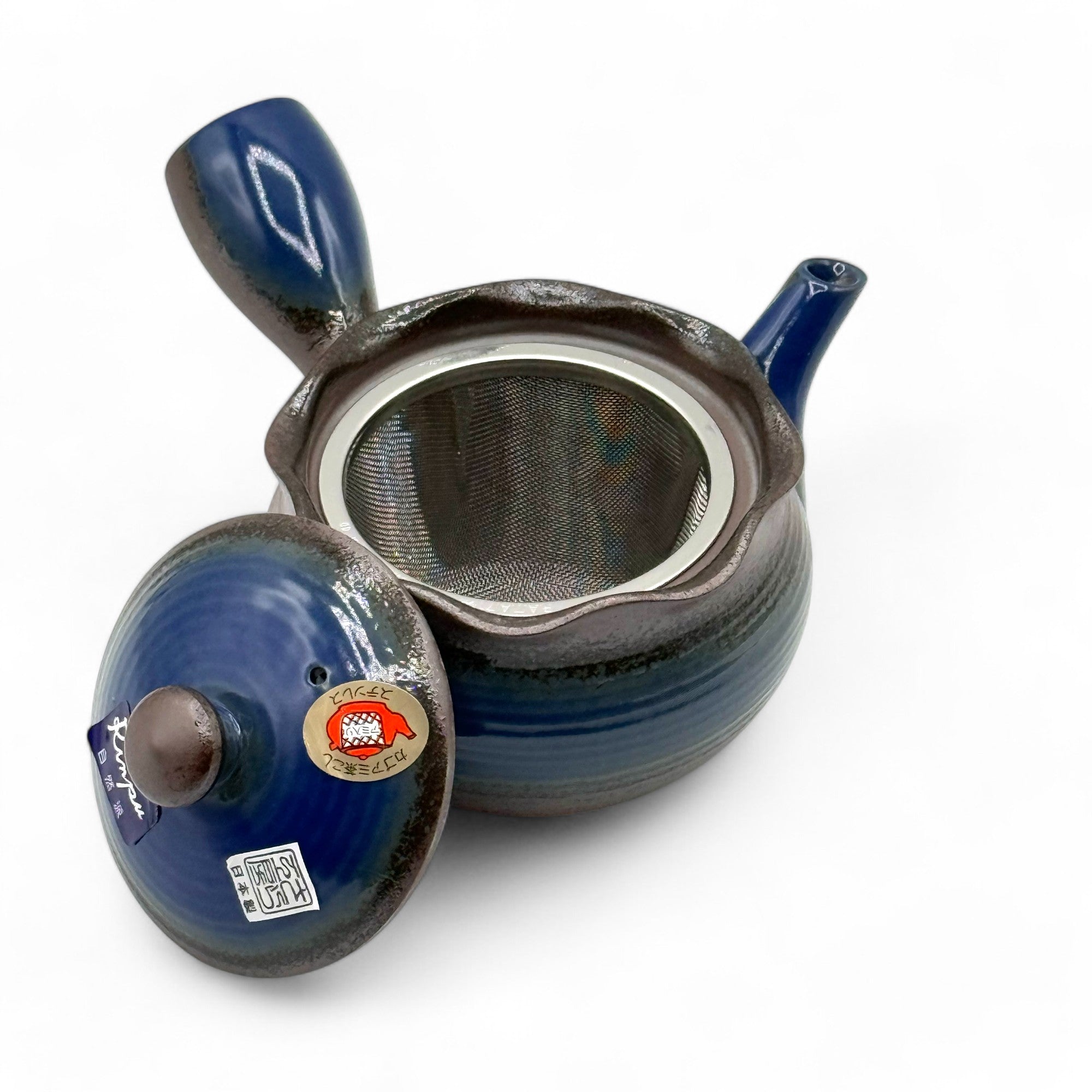 Hana Mizuki Blue Banko-yaki Kyusu Japanese teapot with side handle, handcrafted ceramic for loose leaf tea brewing.