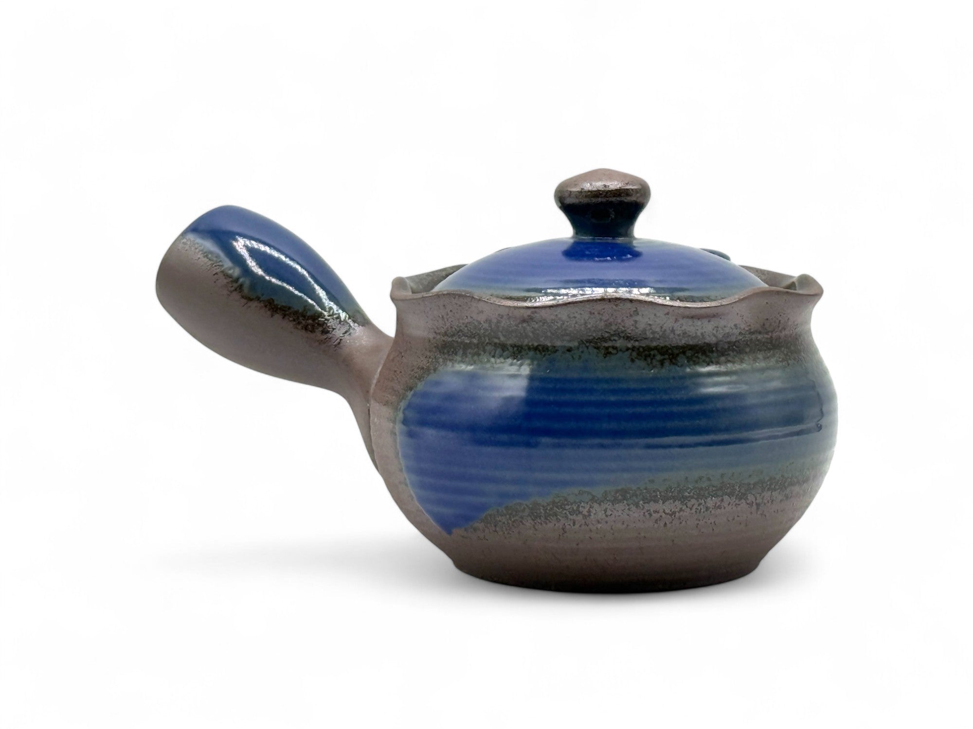 Hana Mizuki Blue Banko-yaki Kyusu Japanese teapot with side handle, handcrafted ceramic for loose leaf tea brewing.