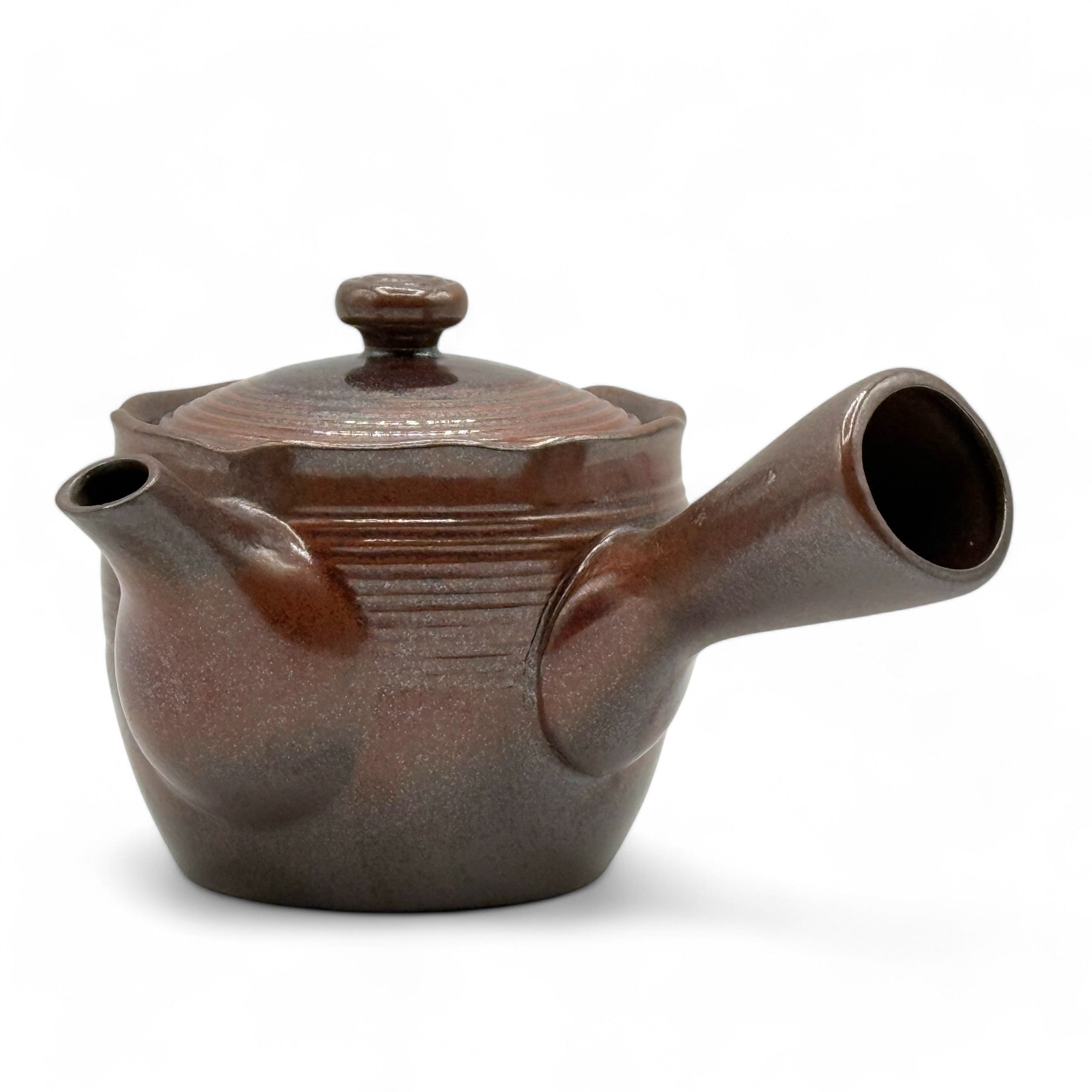 Hanafubuki flame brown Banko-yaki Kyusu Japanese teapot with traditional clay design and side handle.
