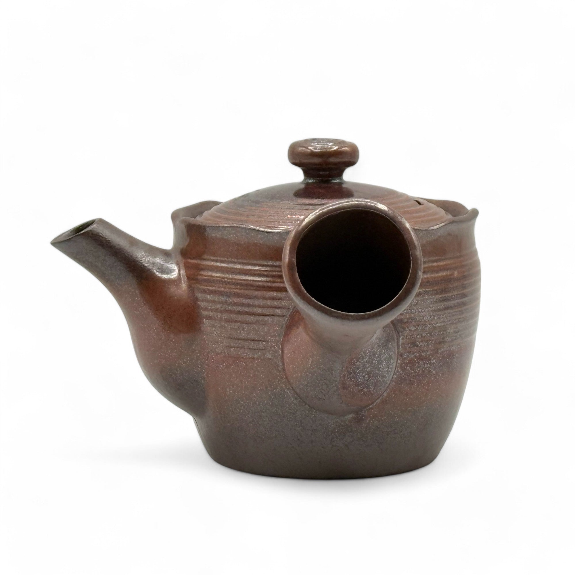 Hanafubuki flame brown Banko-yaki Kyusu Japanese teapot with traditional clay design and side handle.