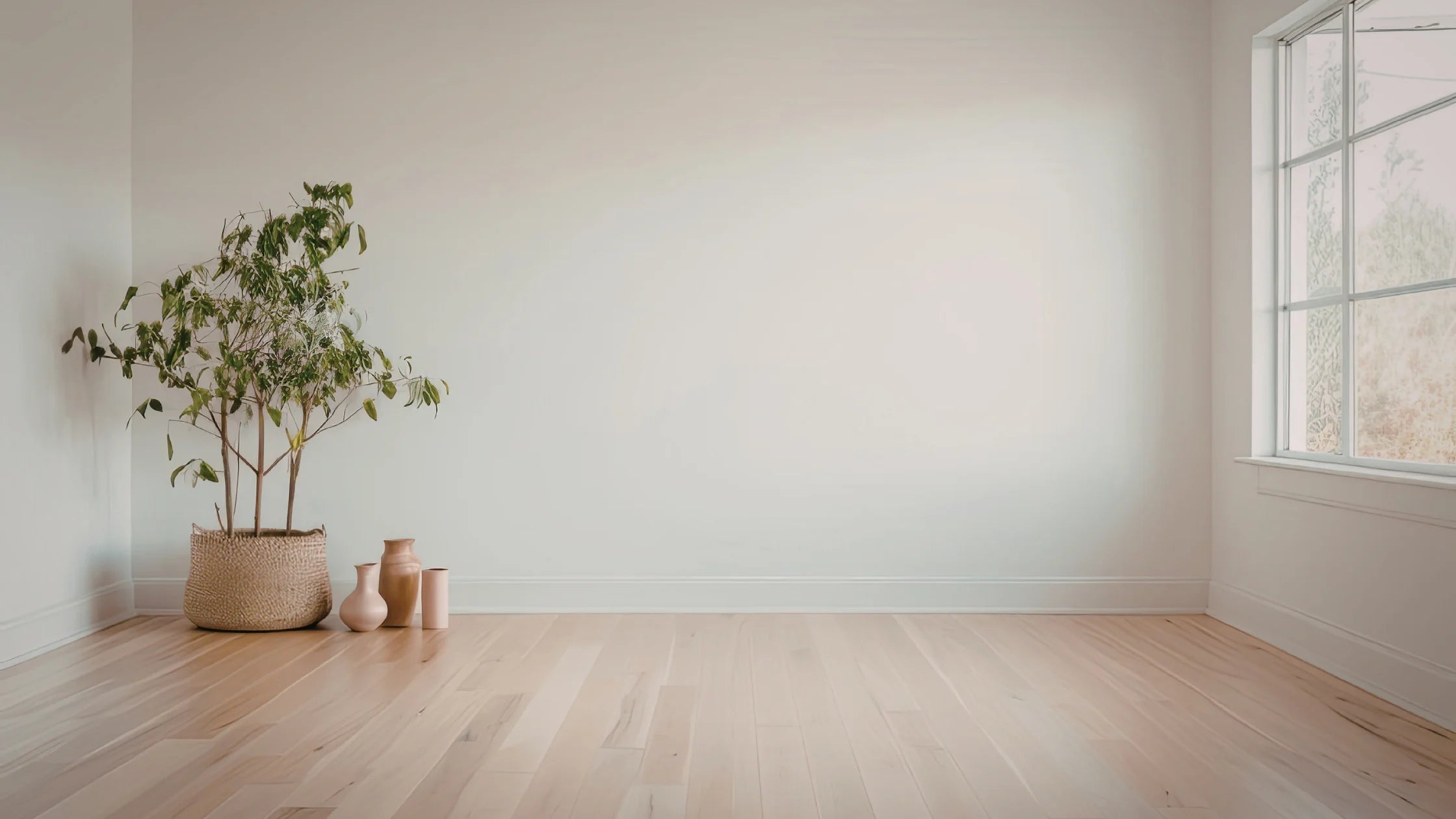 Minimalist room with a plant, vases, and a window on a light wooden floor.