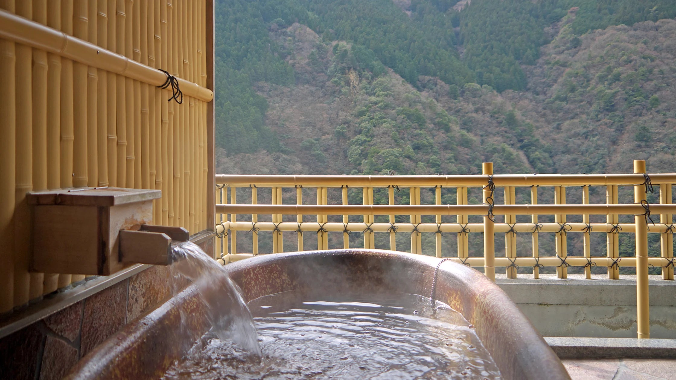 Traditional Japanese hot spring bath with mountain view
