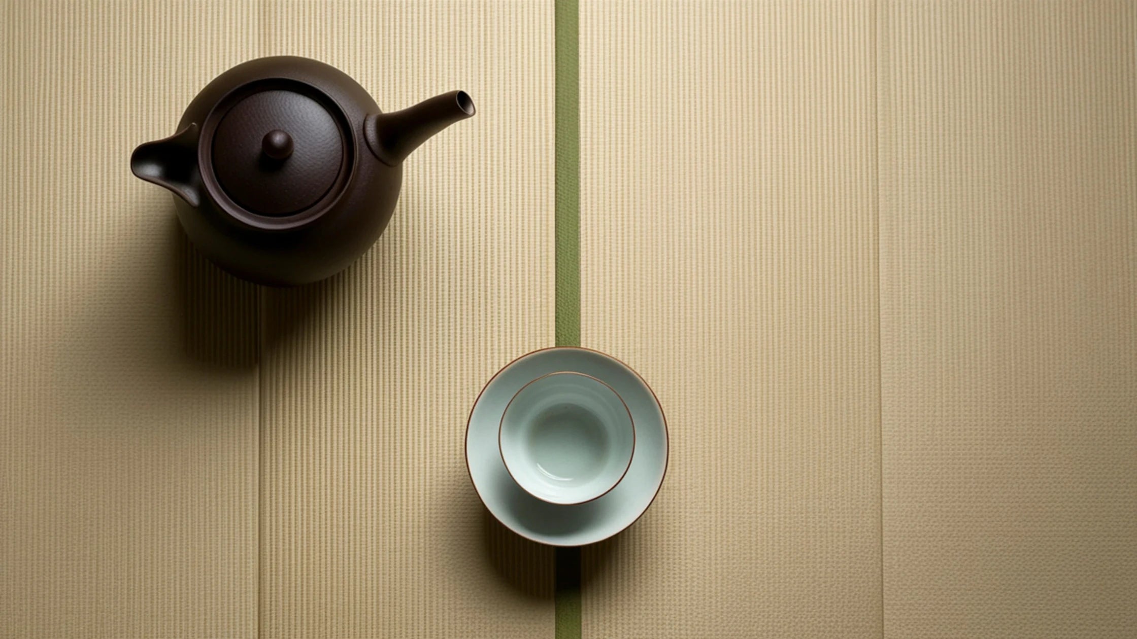 Teapot and teacup on a textured beige surface