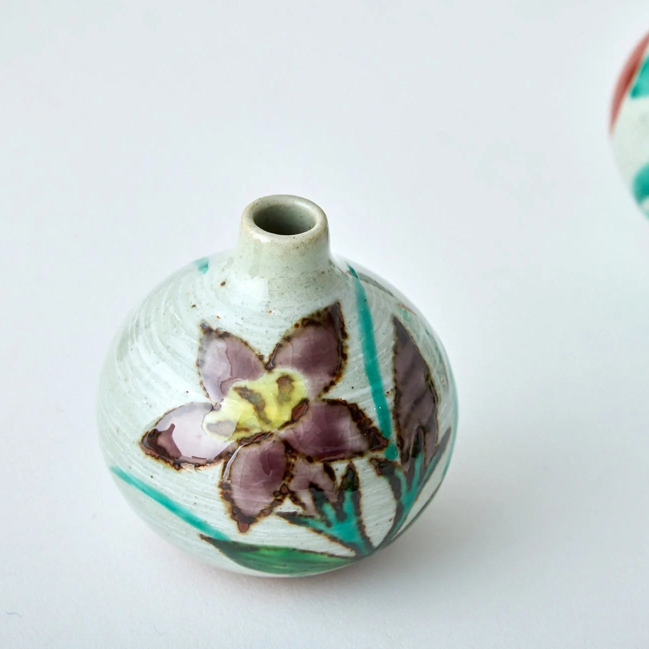 Japanese Tesai Kabin flower vase with Kikyo motif, handmade Karatsu clay with Amakusa slipware finish