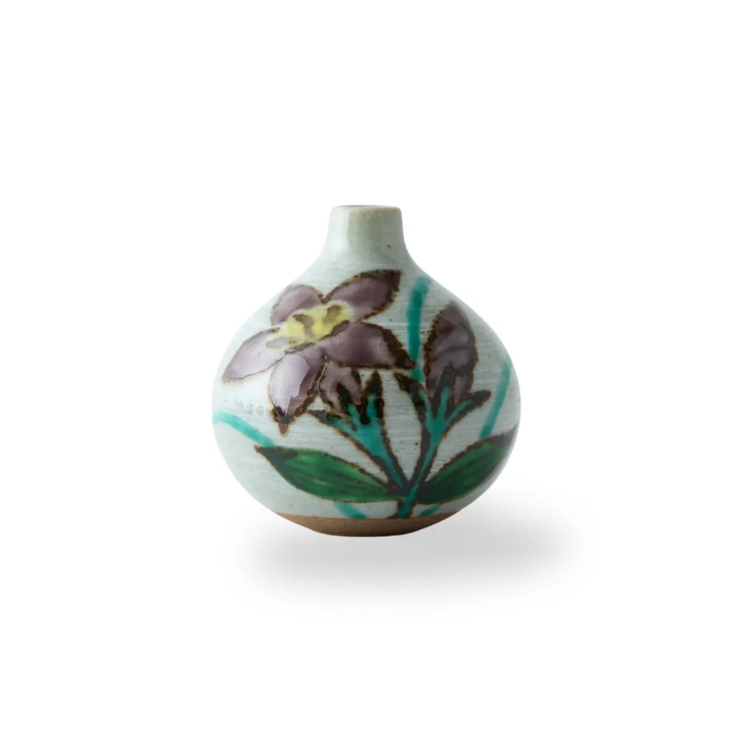 Japanese Tesai Kabin flower vase with Kikyo motif, handmade Karatsu clay with Amakusa slipware finish