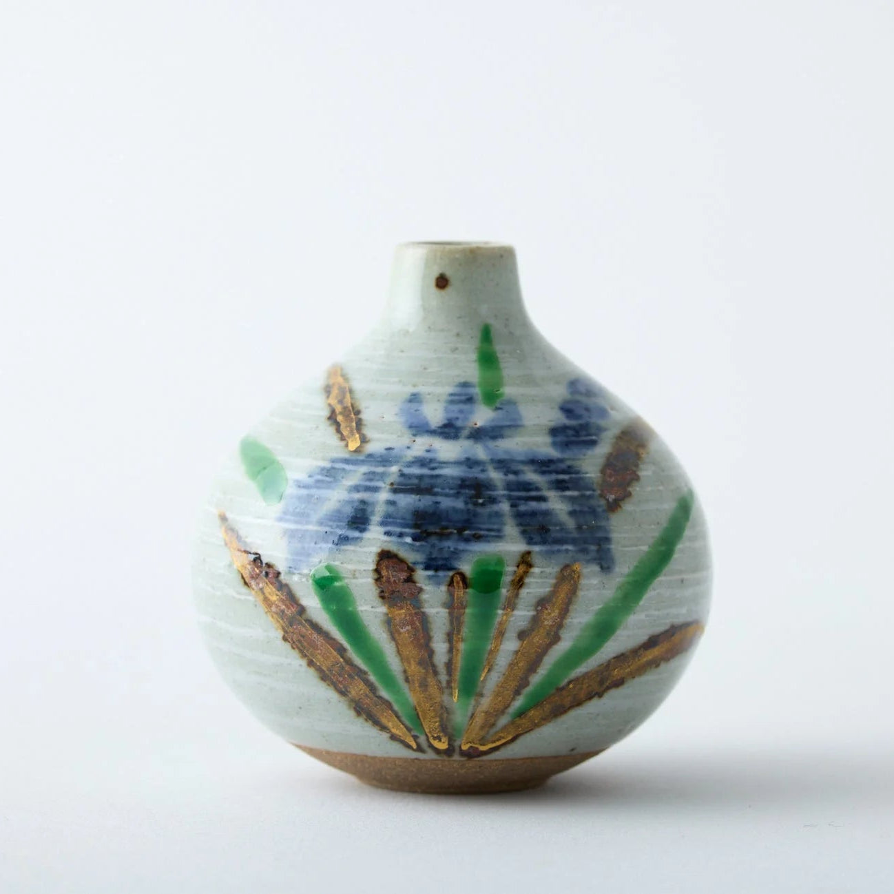Handmade Japanese ikebana vase, Tesai Kabin with Shoubu iris motif, Karatsu ware and Amakusa porcelain slip.