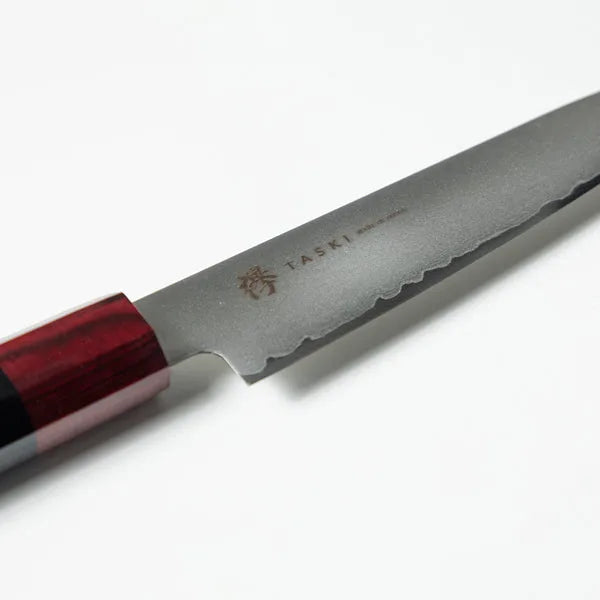 Kaizen 6-inch petty knife, Japanese AUS-8 Damascus steel kitchen knife, handmade in Seki Japan.