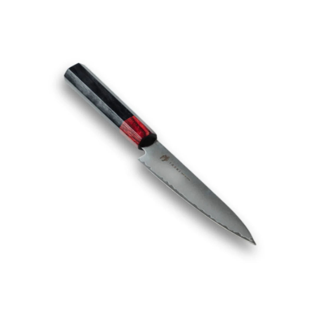 Kaizen 6-inch petty knife, Japanese AUS-8 Damascus steel kitchen knife, handmade in Seki Japan.