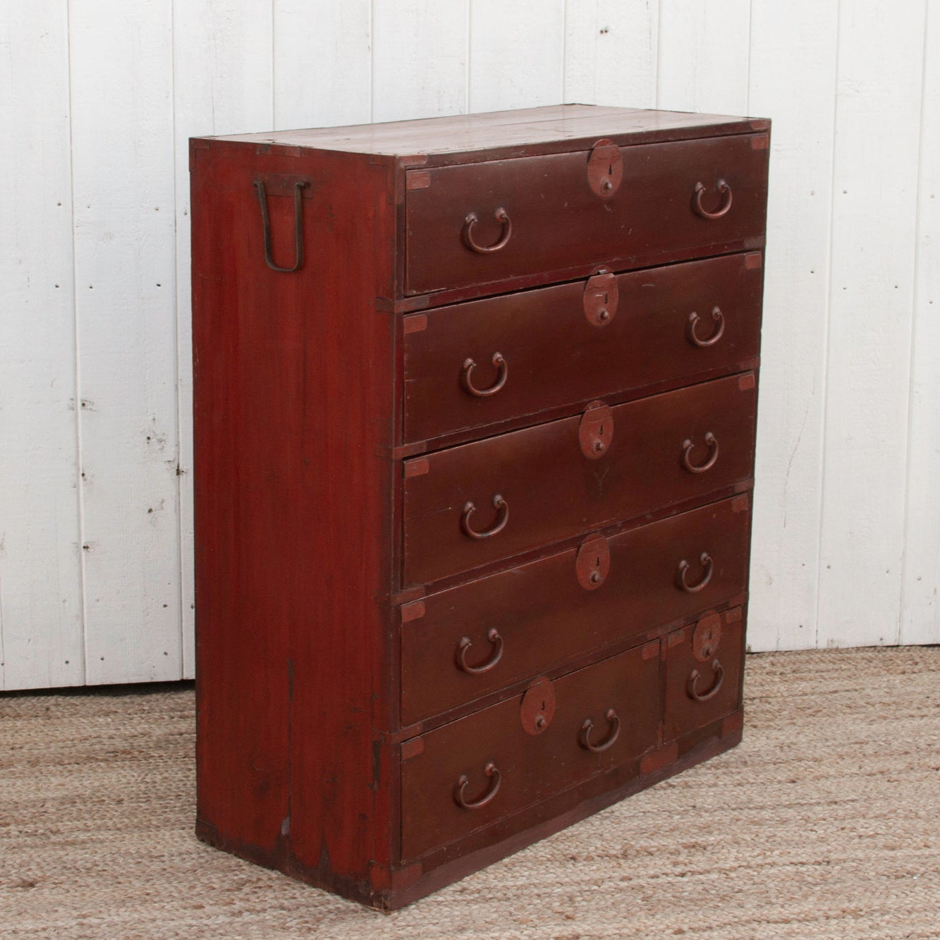 Koga antique Japanese painted tansu dresser with hand-painted details, traditional design, and vintage wood craftsmanship.