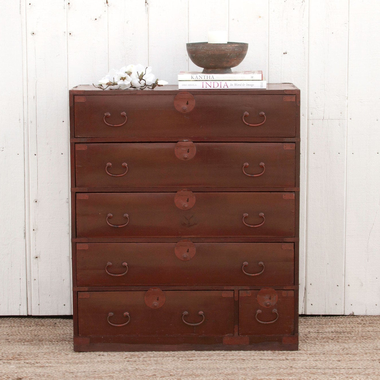 Koga antique Japanese painted tansu dresser with hand-painted details, traditional design, and vintage wood craftsmanship.