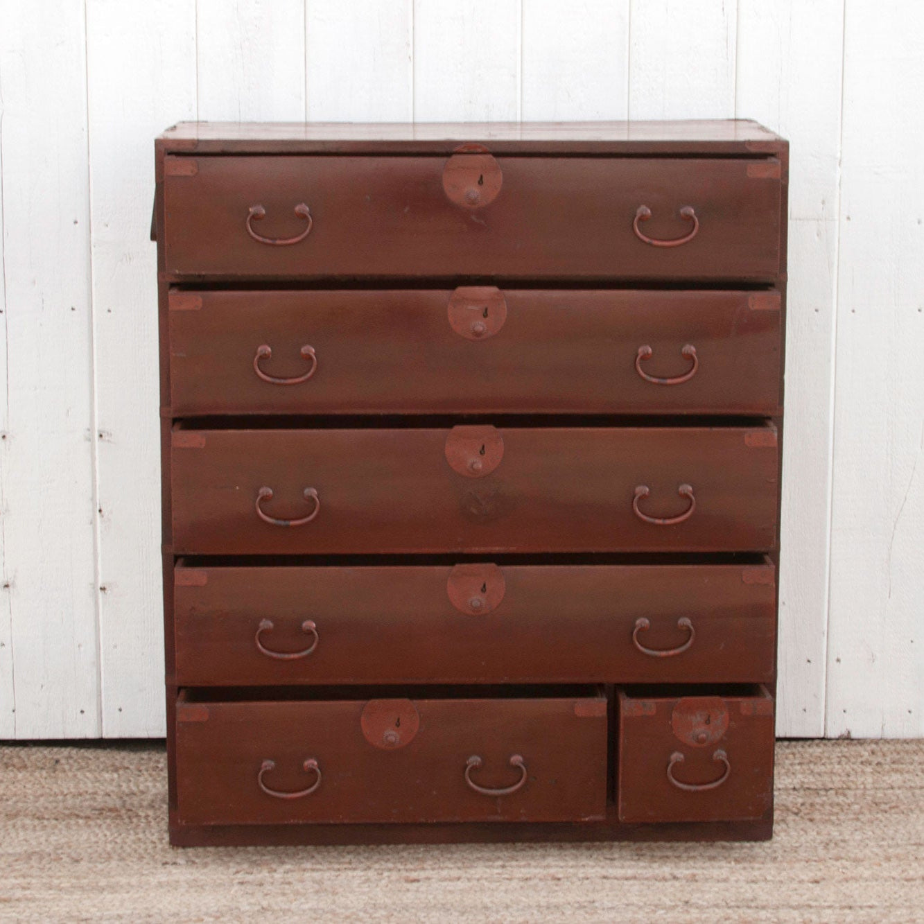 Koga antique Japanese painted tansu dresser with hand-painted details, traditional design, and vintage wood craftsmanship.