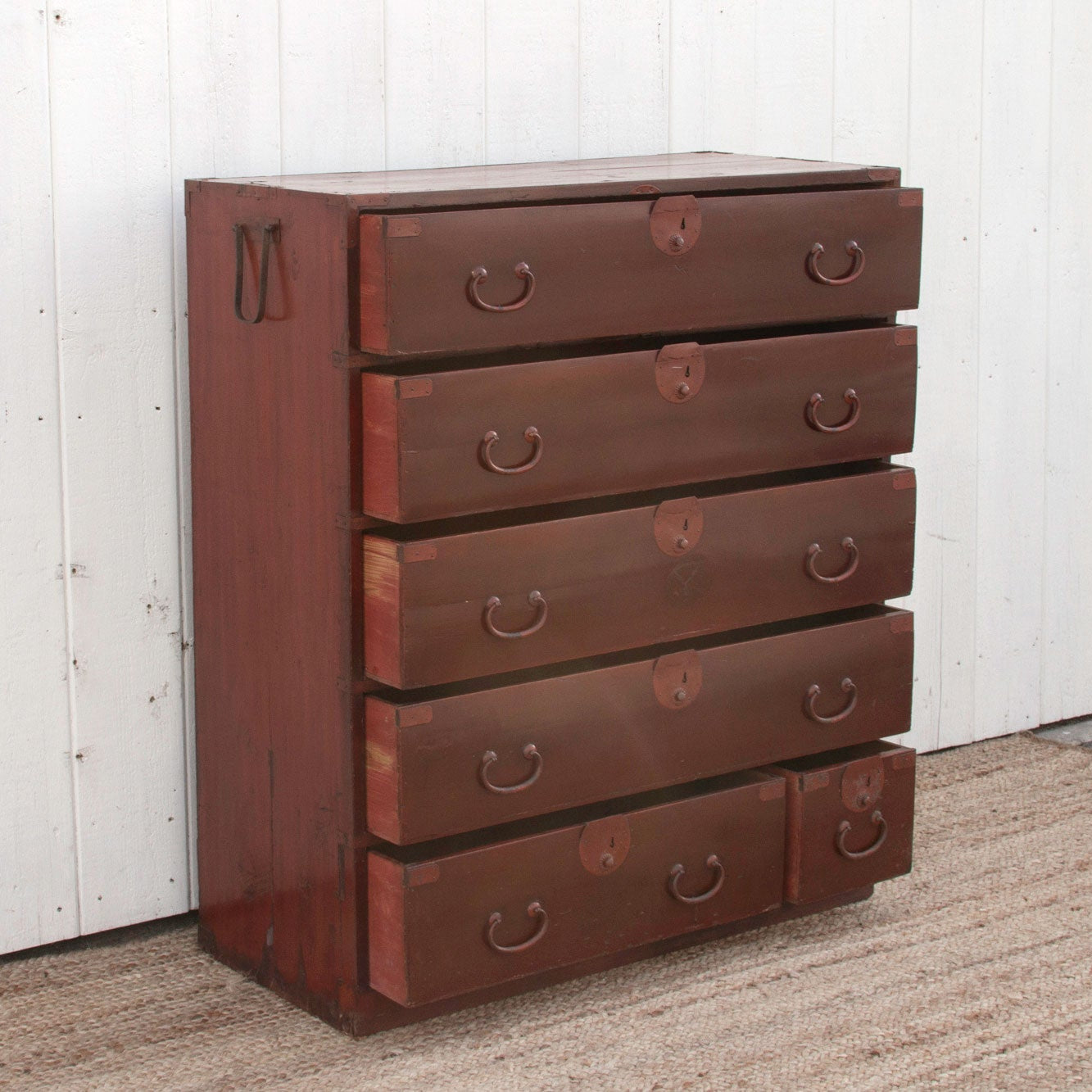 Koga antique Japanese painted tansu dresser with hand-painted details, traditional design, and vintage wood craftsmanship.
