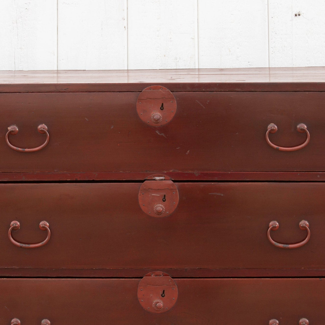 Koga antique Japanese painted tansu dresser with hand-painted details, traditional design, and vintage wood craftsmanship.