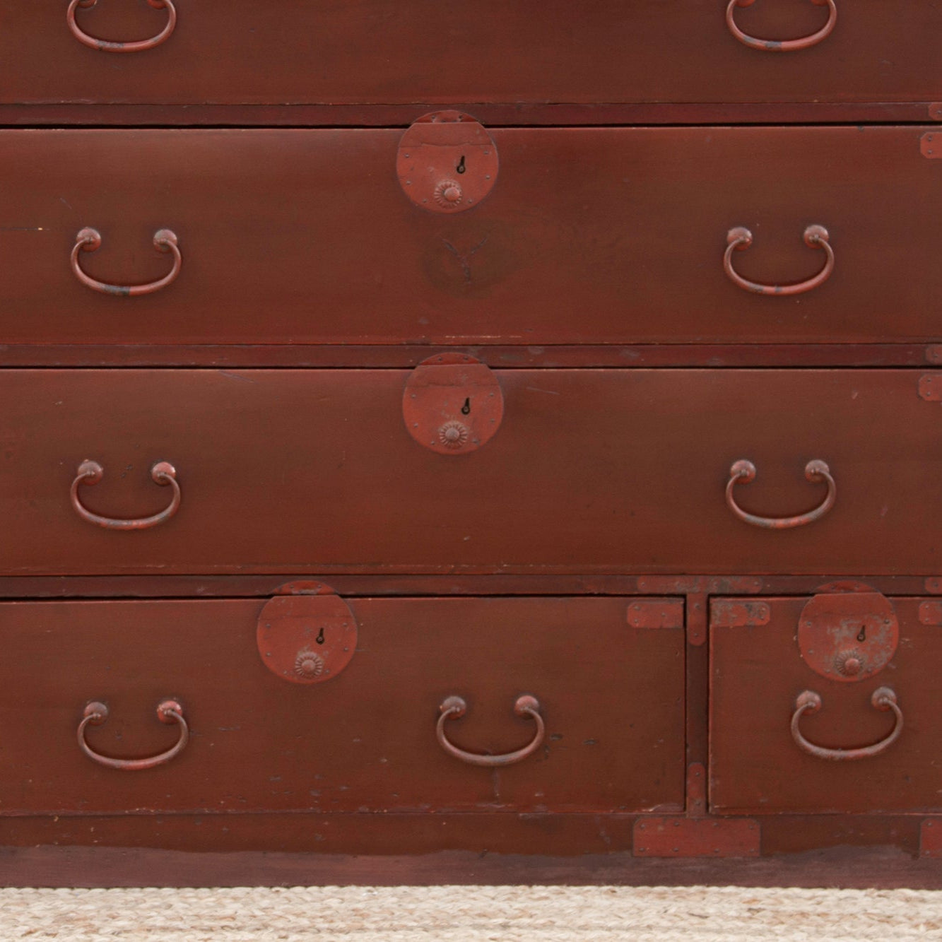 Koga antique Japanese painted tansu dresser with hand-painted details, traditional design, and vintage wood craftsmanship.
