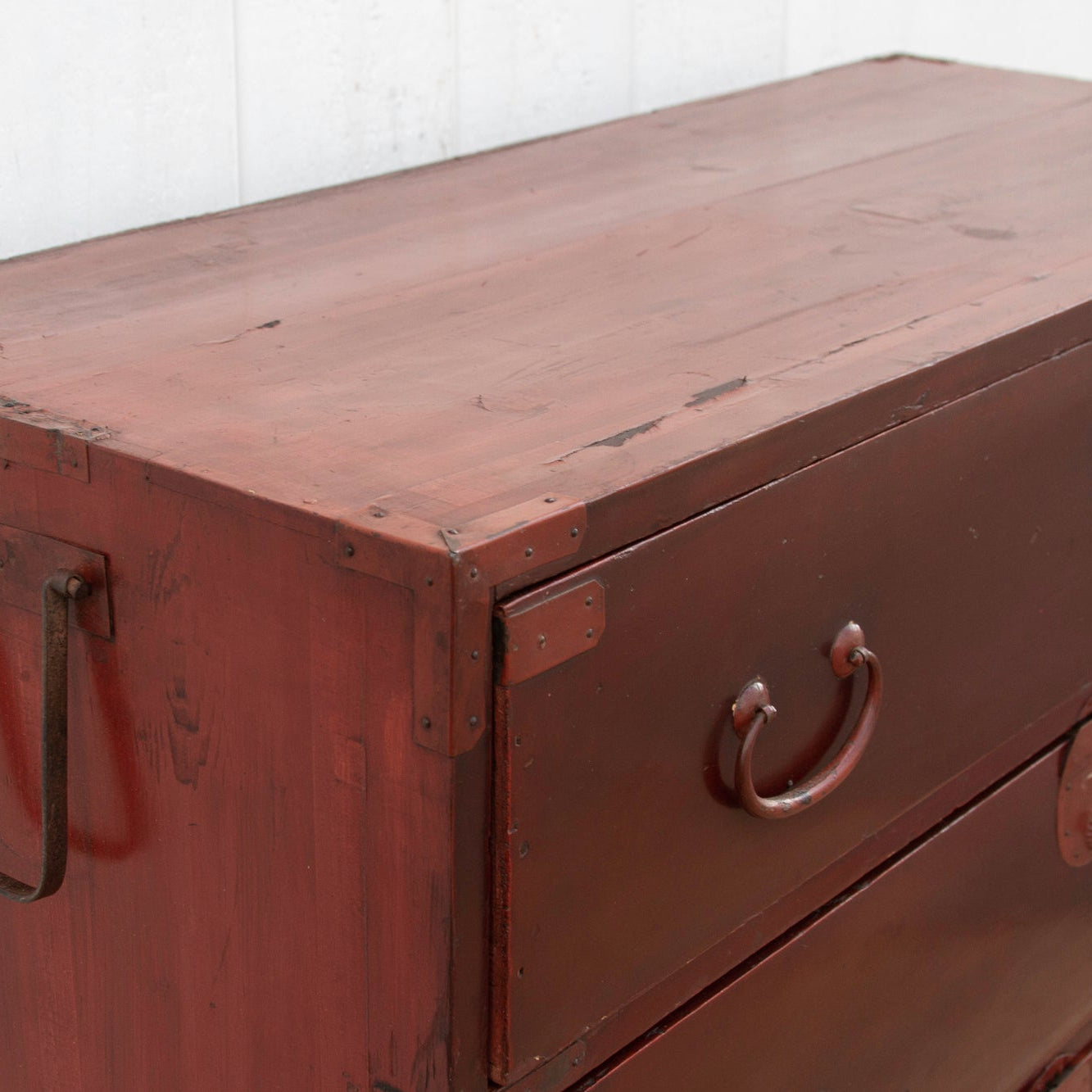 Koga antique Japanese painted tansu dresser with hand-painted details, traditional design, and vintage wood craftsmanship.