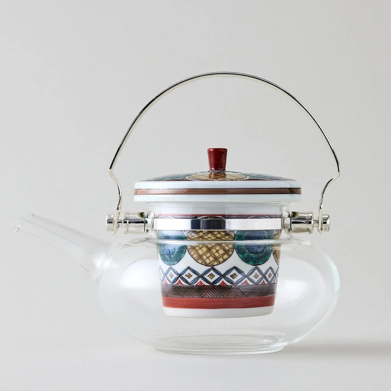 Kokuten Kutani glass teapot with Ko-Kutani circle motif, handcrafted Japanese teaware for tea lovers.