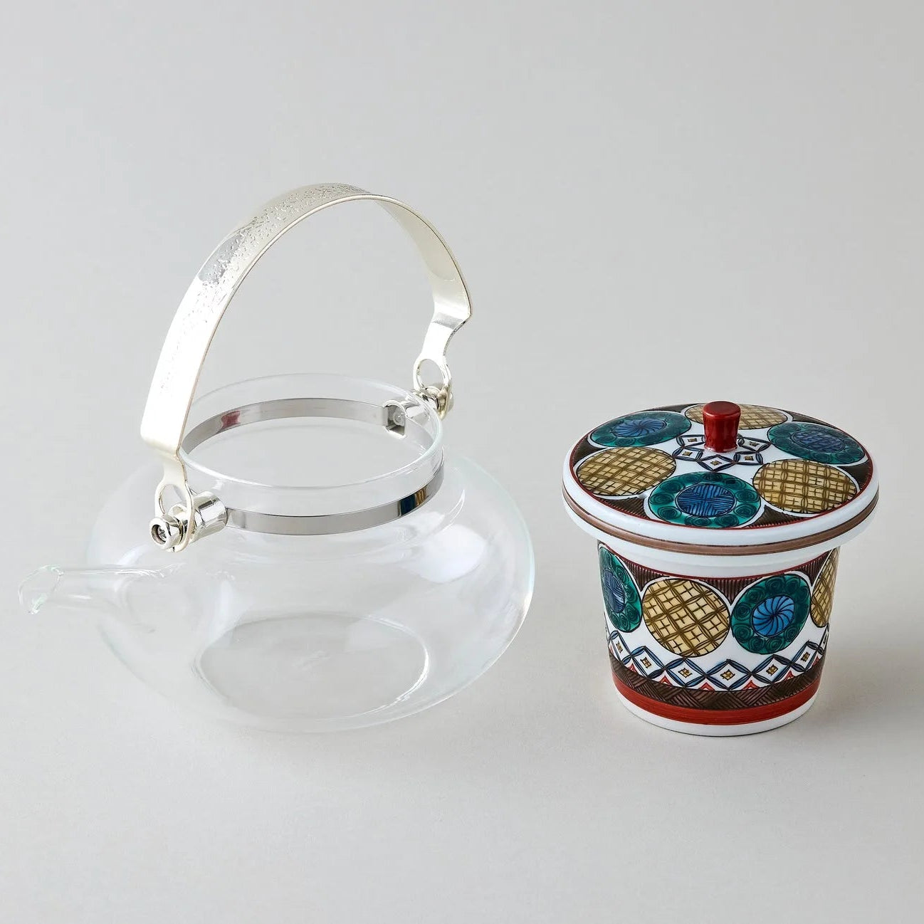 Kokuten Kutani glass teapot with Ko-Kutani circle motif, handcrafted Japanese teaware for tea lovers.