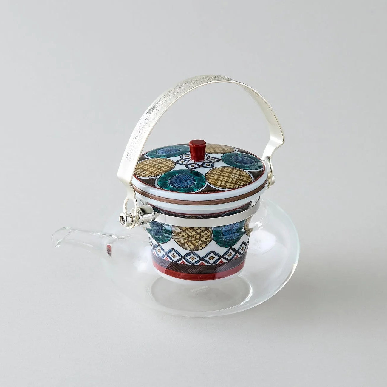 Kokuten Kutani glass teapot with Ko-Kutani circle motif, handcrafted Japanese teaware for tea lovers.