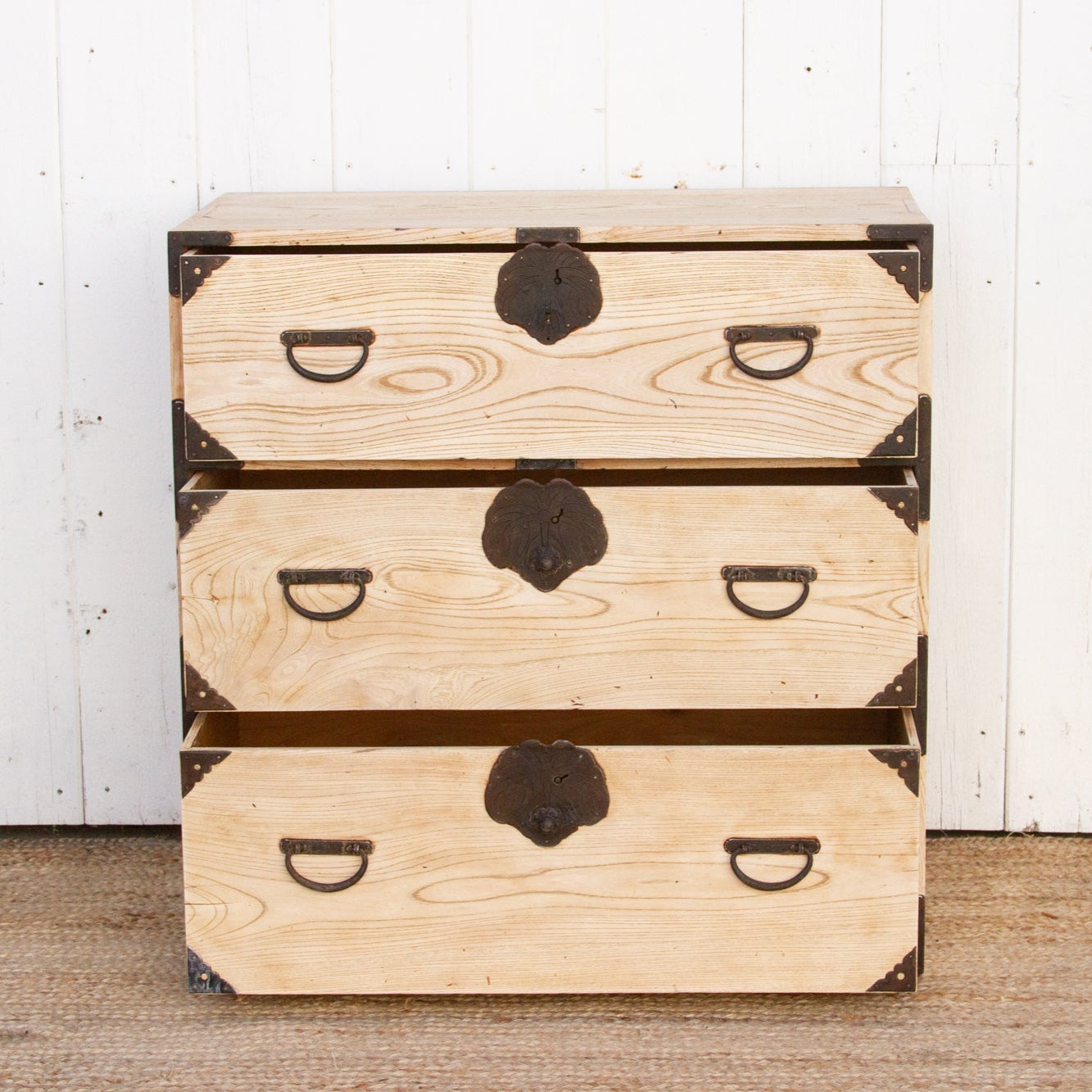 Komorebi antique Japanese tansu dresser made of bleached wood, showcasing wabi-sabi style and traditional craftsmanship.