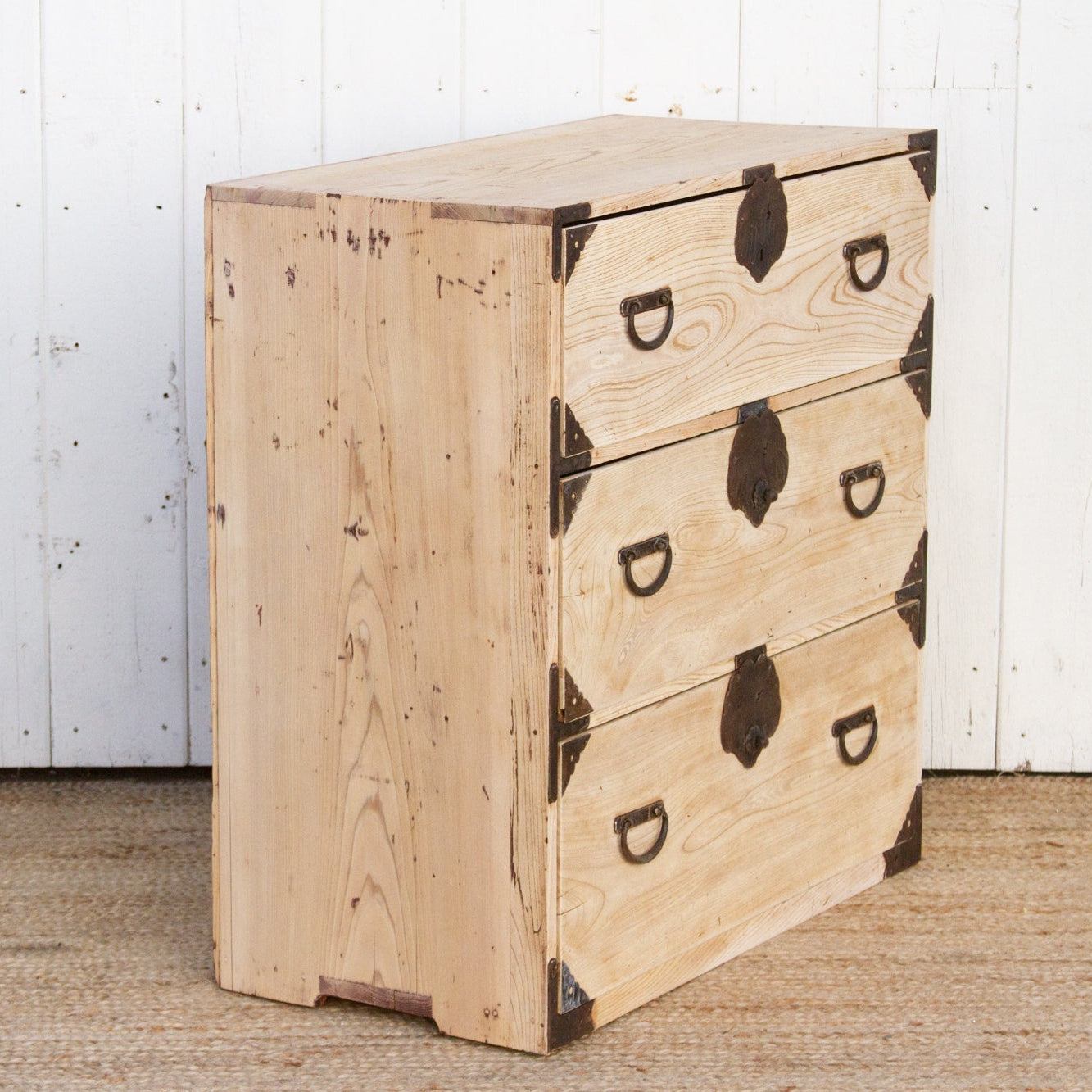 Komorebi antique Japanese tansu dresser made of bleached wood, showcasing wabi-sabi style and traditional craftsmanship.