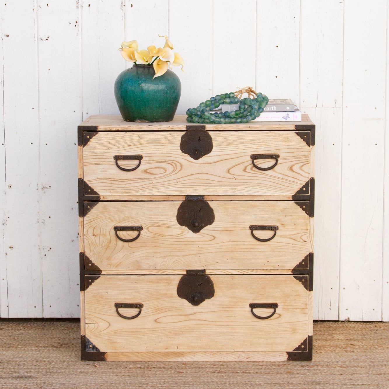 Komorebi antique Japanese tansu dresser made of bleached wood, showcasing wabi-sabi style and traditional craftsmanship.