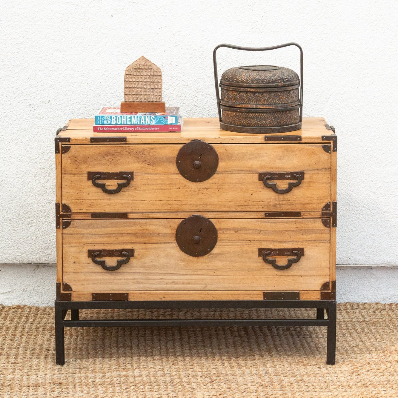 Antique Japanese Meiji-era tansu chest on stand – handcrafted wood storage with traditional joinery and timeless design.