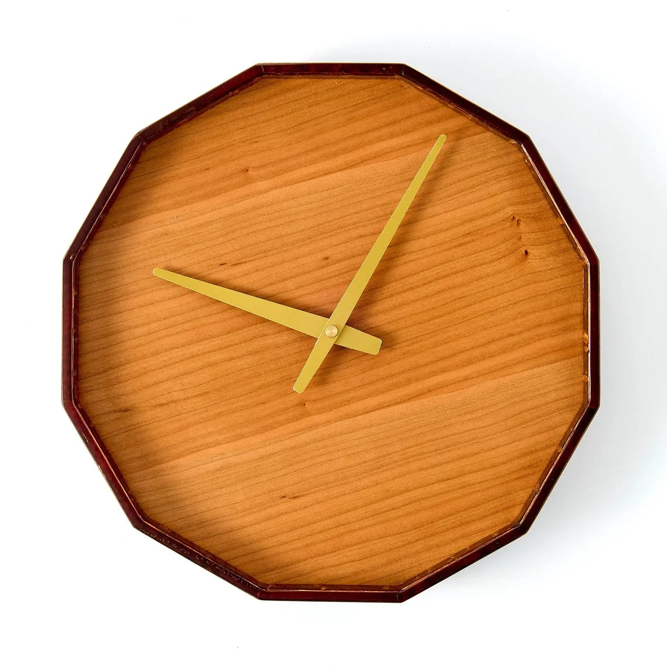 Mokuroku 12-sided Japanese wooden wall clock made of cherry wood with minimalist design and brass hands, handcrafted in Japan.