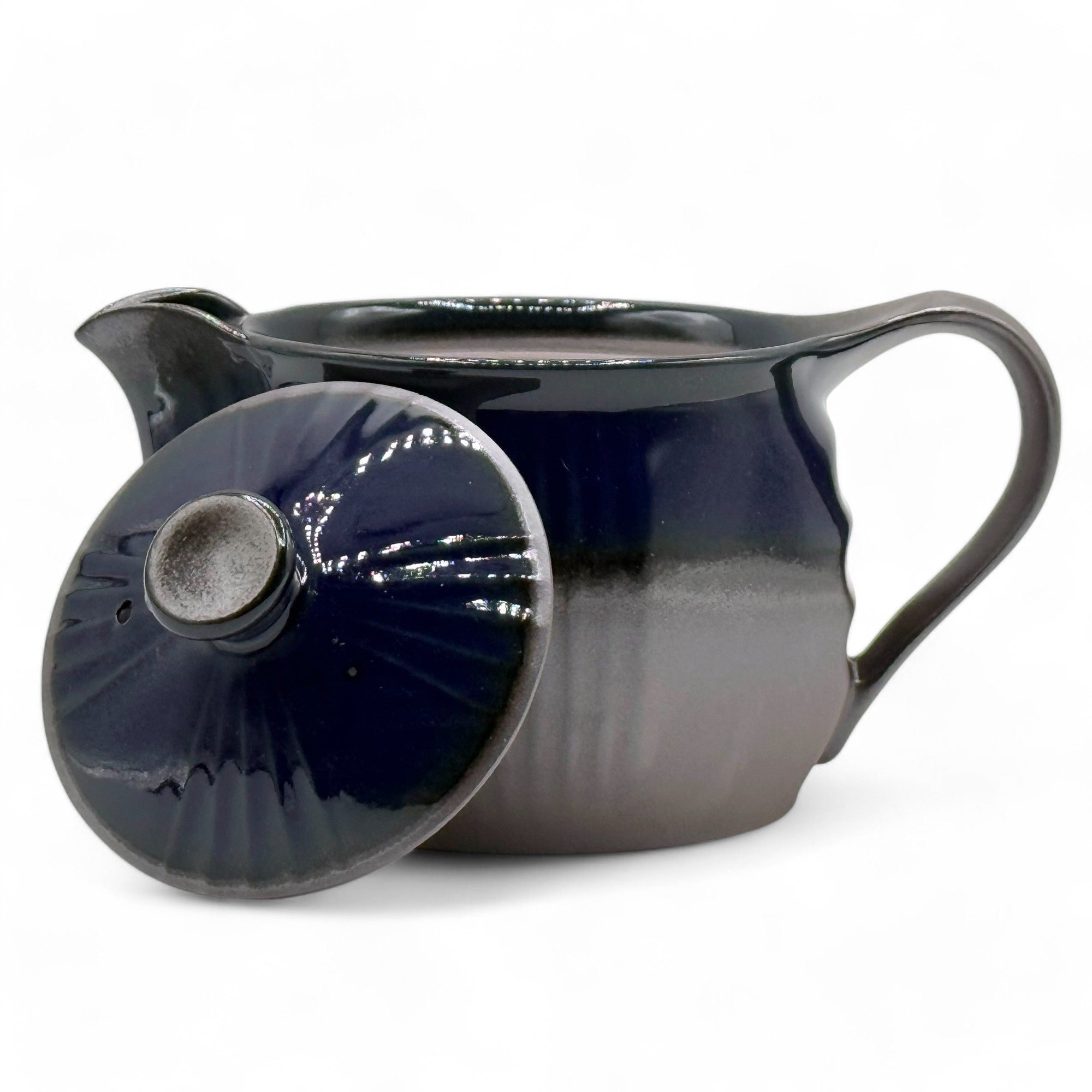 Ruri Blue Banko-yaki Kyusu Japanese teapot, handcrafted ceramic teapot for loose leaf green tea brewing.