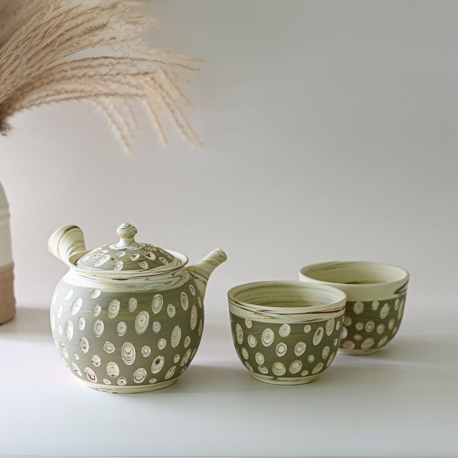 Seijaku Japanese Kyusu tea set with traditional ceramic teapot and cups for authentic green tea brewing.