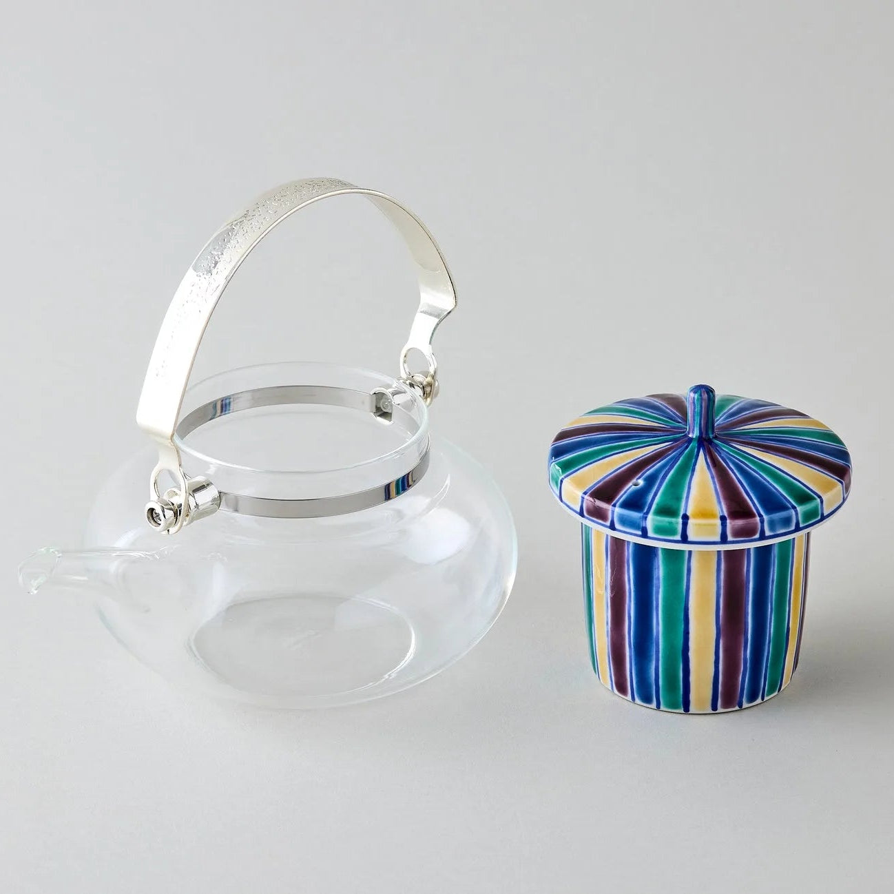 Seika Kutani glass teapot with blue Iroe Tokusa motif, handcrafted Japanese tea pot for elegant tea serving.
