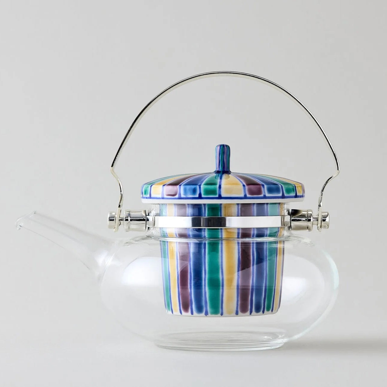 Seika Kutani glass teapot with blue Iroe Tokusa motif, handcrafted Japanese tea pot for elegant tea serving.