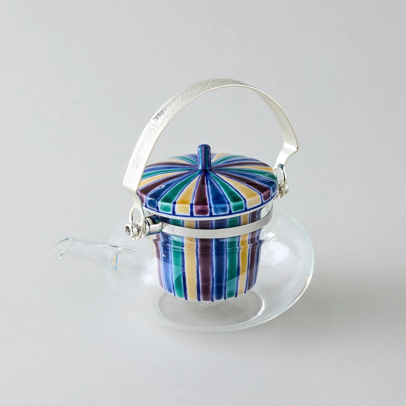 Seika Kutani glass teapot with blue Iroe Tokusa motif, handcrafted Japanese tea pot for elegant tea serving.