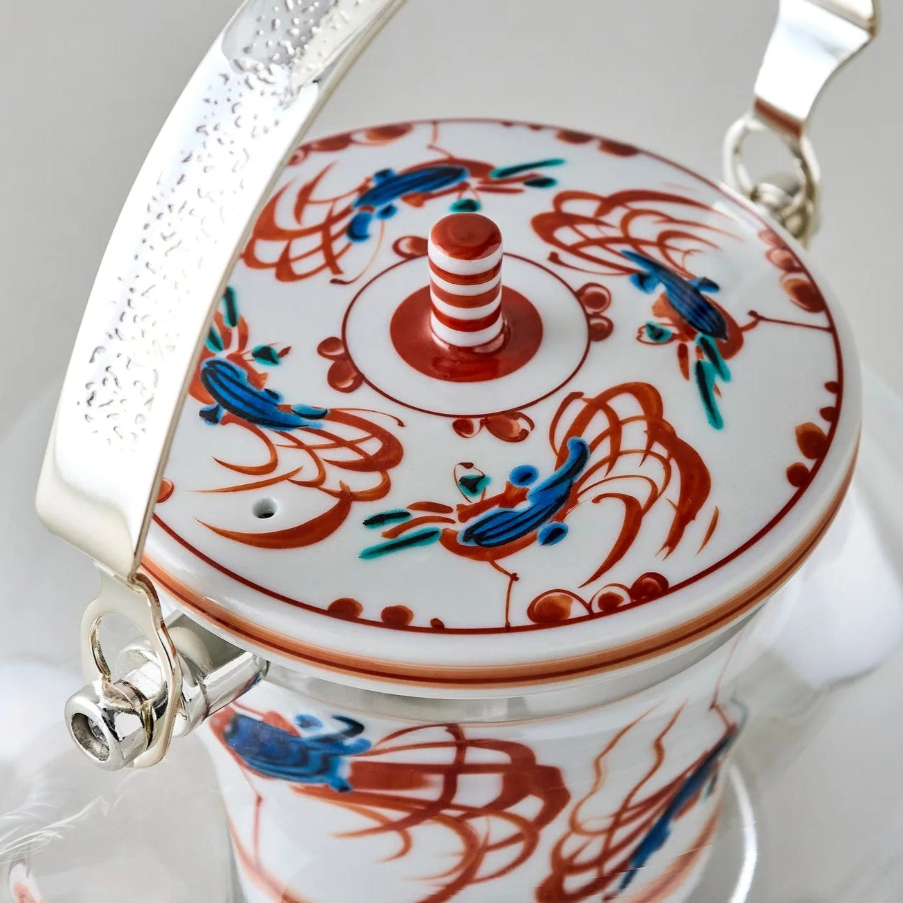 Shuchō Kutani glass teapot with red Akae bird motif, elegant Japanese tea kettle for tea lovers.