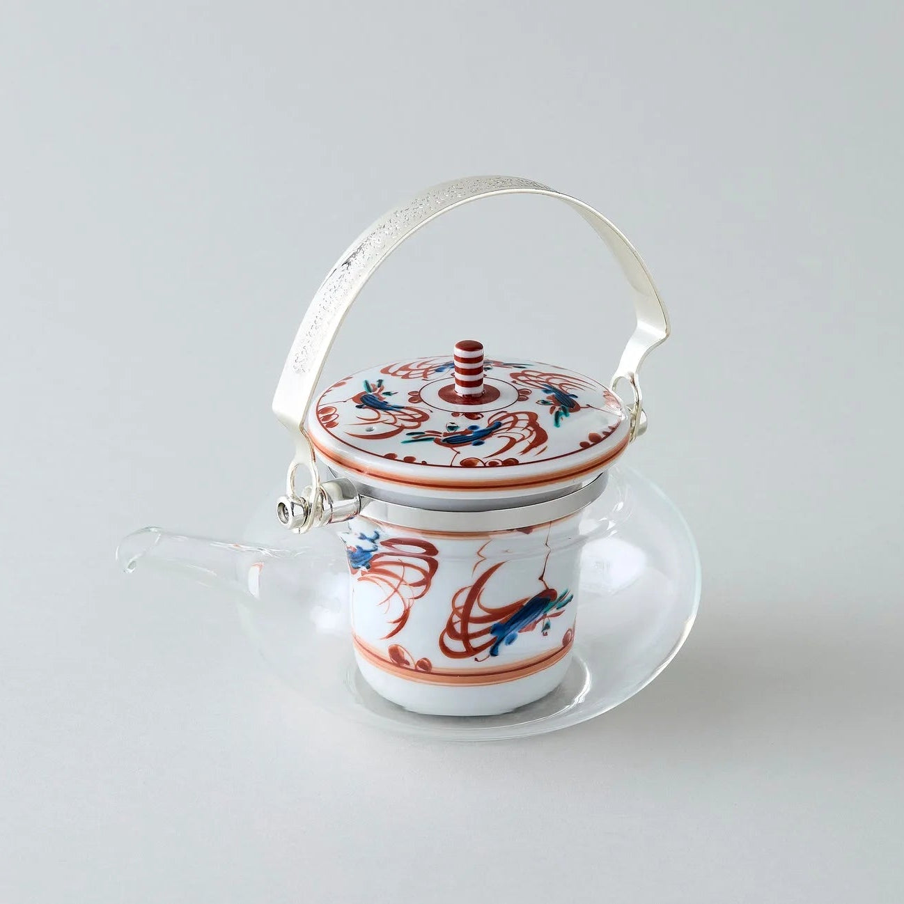 Shuchō Kutani glass teapot with red Akae bird motif, elegant Japanese tea kettle for tea lovers.