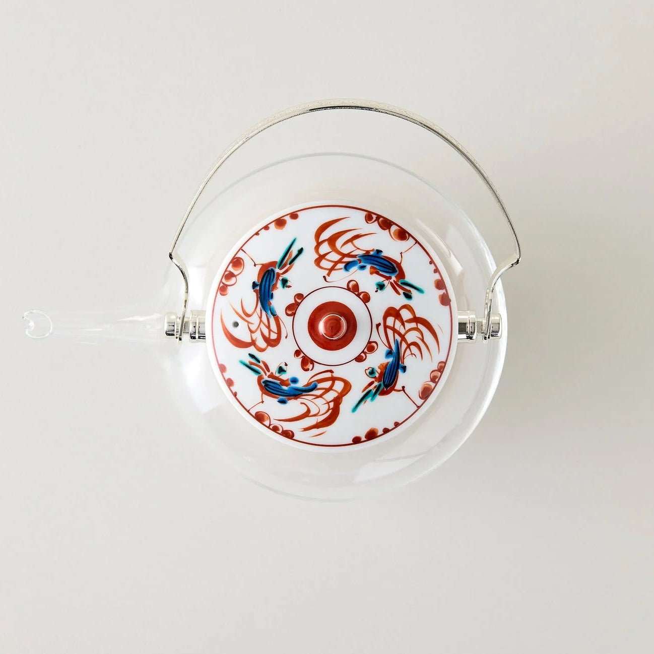 Shuchō Kutani glass teapot with red Akae bird motif, elegant Japanese tea kettle for tea lovers.