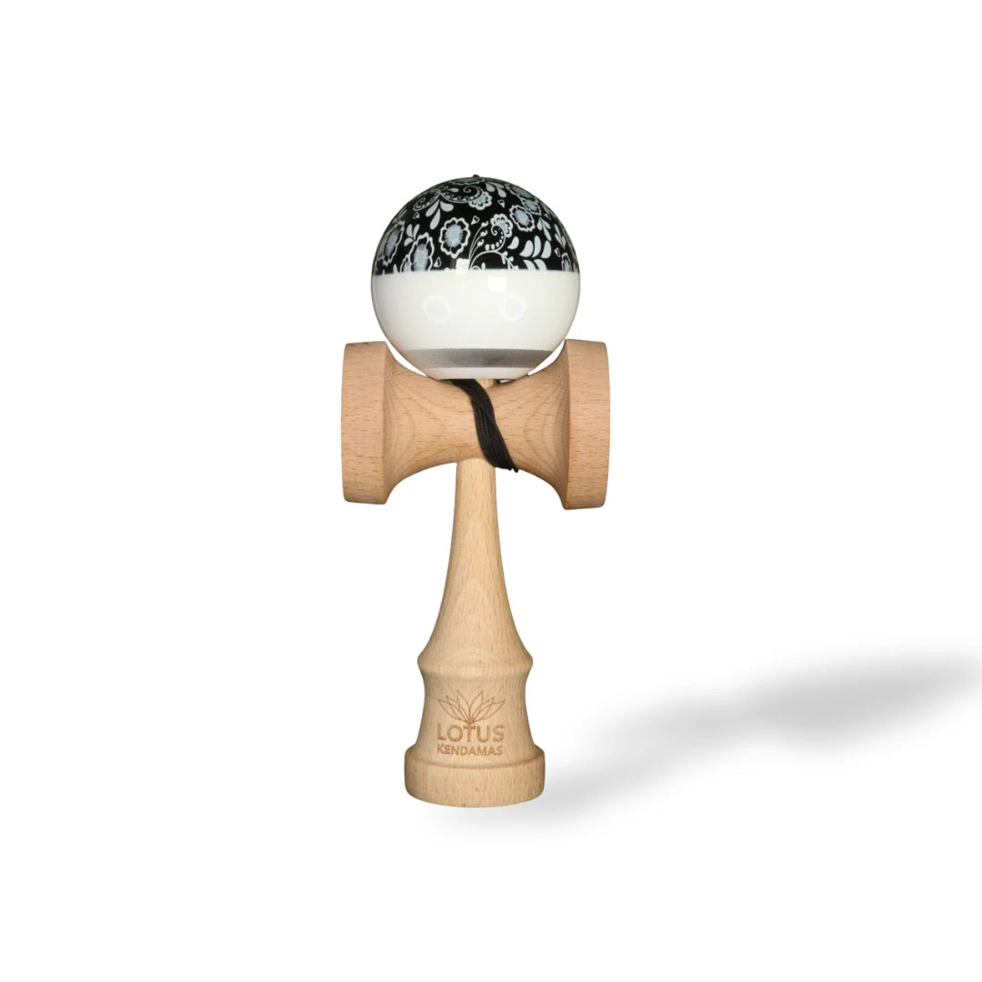 Lotus Kendamas Black Bloom Kendama with Bloom shape, sticky clear paint, and durable beech wood.