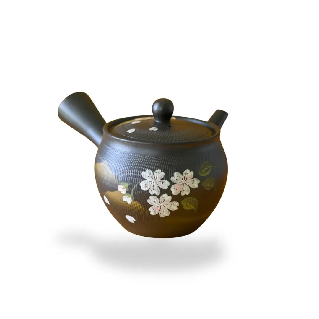 Bokka Flower Tokoname-Yaki Kyusu teapot – black Japanese teapot with floral design for brewing authentic tea.