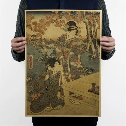 Classic Japanese Ukiyo-e vintage poster, traditional art print with colorful designs, perfect for wall decor and collectors.