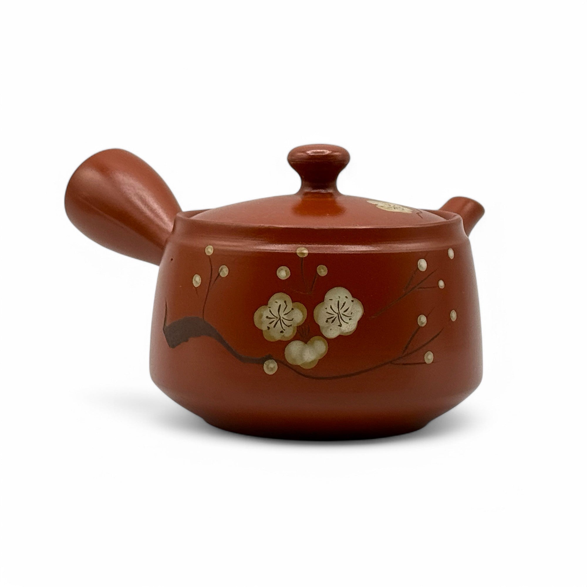 Fusensaku Hakubai White Blossom Red Tokoname-yaki Kyusu Japanese teapot for authentic loose leaf green tea brewing.