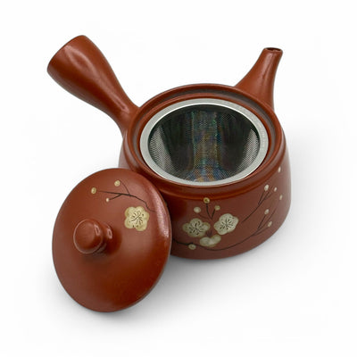 Fusensaku Hakubai White Blossom Red Tokoname-yaki Kyusu Japanese teapot for authentic loose leaf green tea brewing.