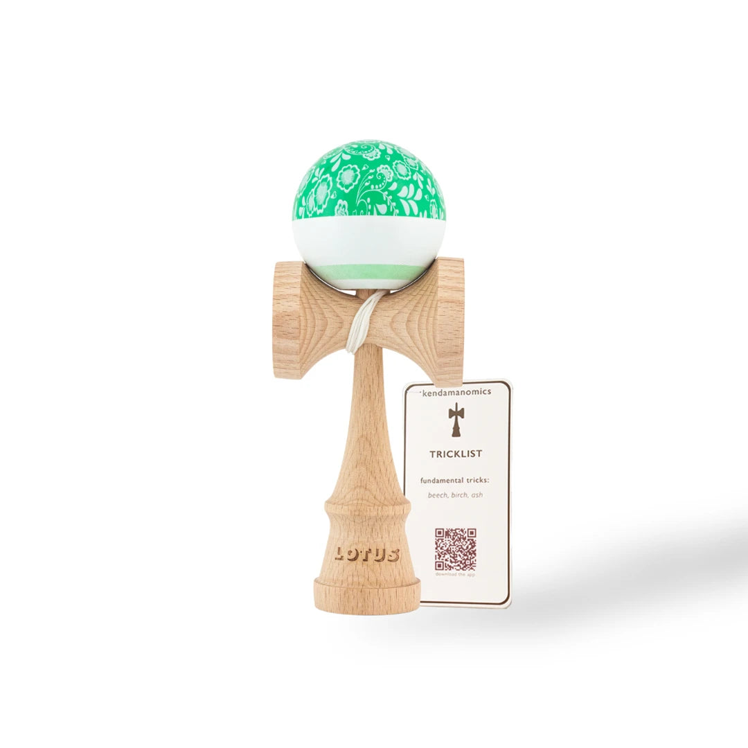 Green Bloom Kendama by Lotus Kendamas – premium wooden skill toy for balance, tricks, and freestyle play.