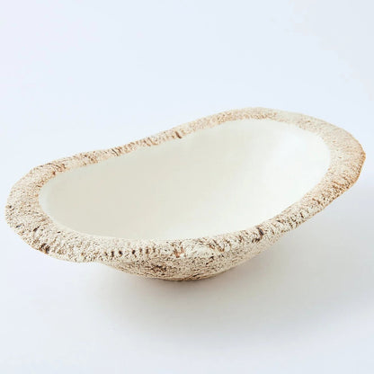 Hakuwa white oval bowl made from Japanese semi-porcelain and clay, handcrafted tableware for modern dining.