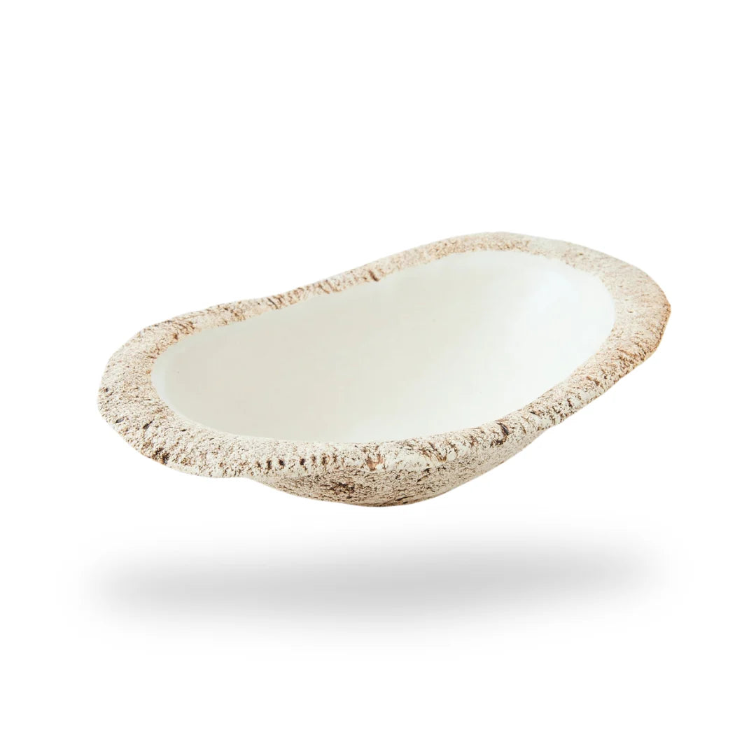 Hakuwa white oval bowl made from Japanese semi-porcelain and clay, handcrafted tableware for modern dining.